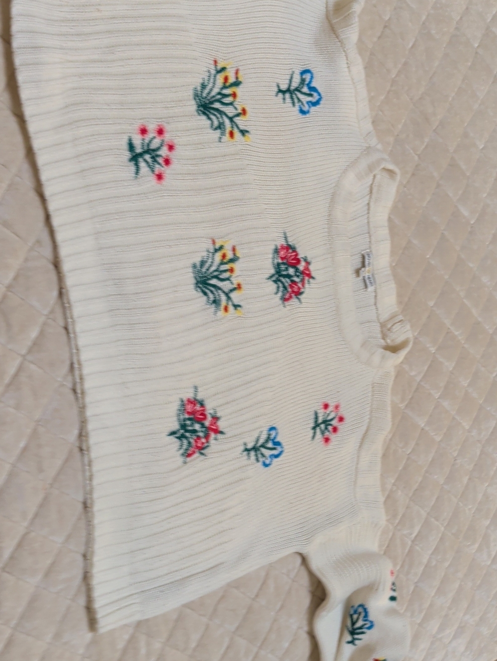 Woven Heart Cream Ribbed Knit Sweater with Pink, Blue & Green Floral Embroidery